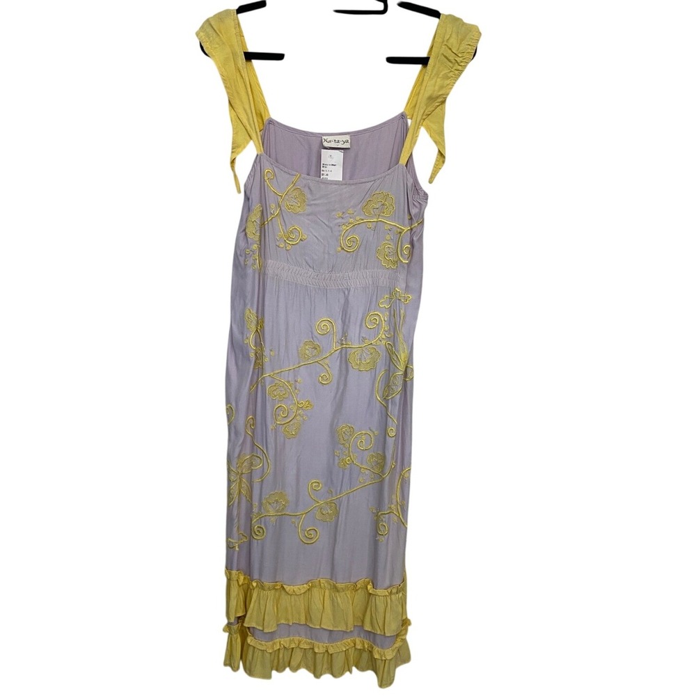 Nataya Lilac Yellow Dress Embroidered Floral Midi Ruffle Hem Women M Boho Fairy